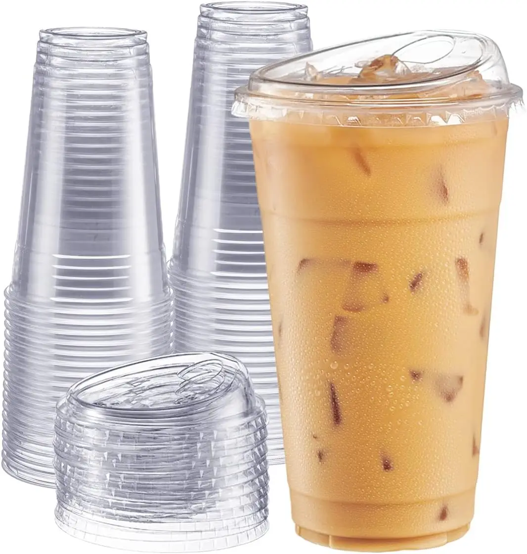 

Clear Plastic Cups with Lids [24 oz - 100 Count - Disposable Iced Coffee Drink Cups with Strawless Sip Lids for Smoothie