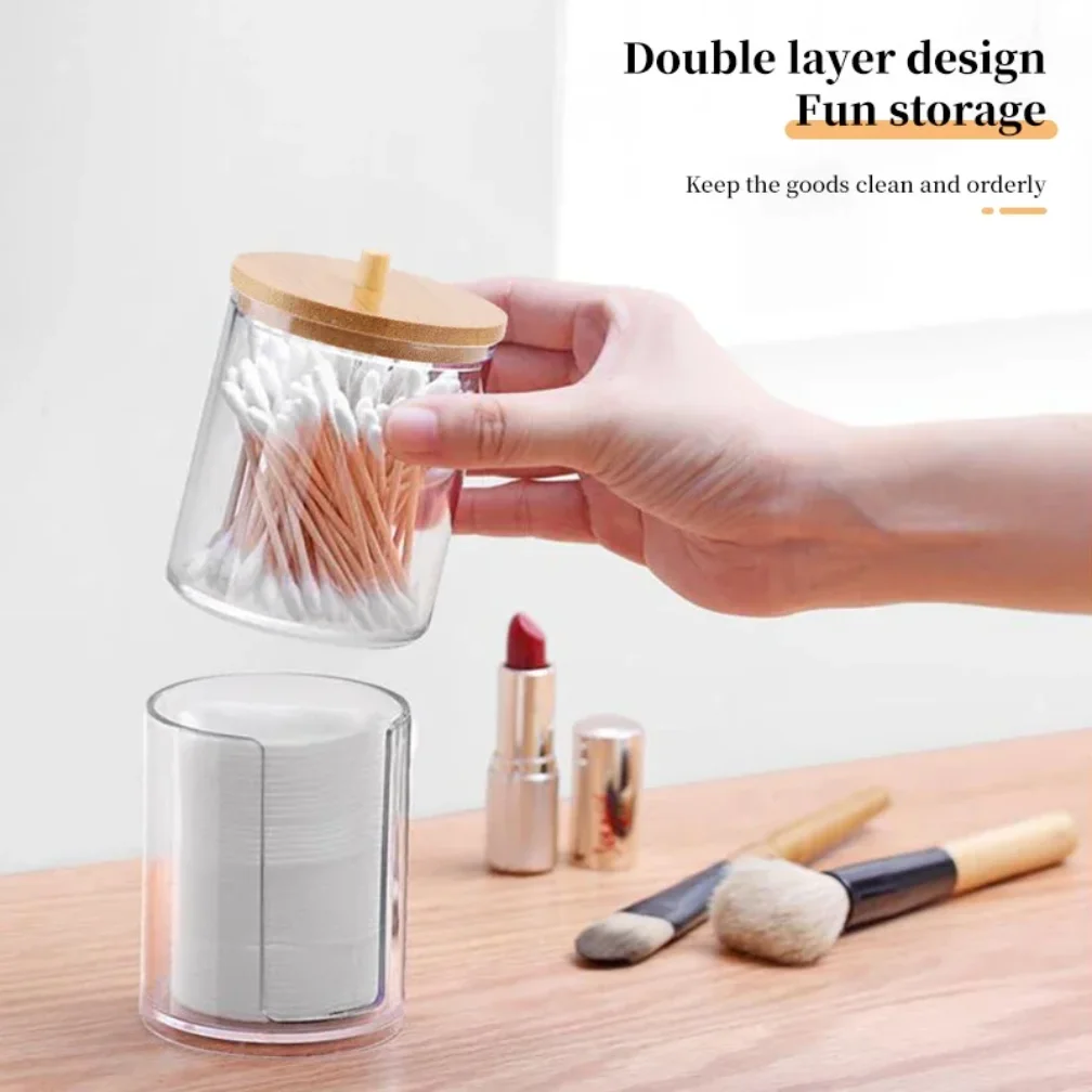 صندوق تخزين أعواد القطن، حاوية دائرية محمولة 2 في 1، تخزين منتفخة من القطن للمكياج المنزلي وإزالة المكياج