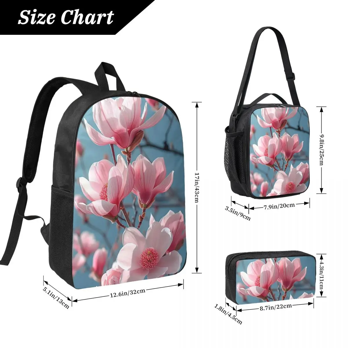 Blooming Pink Magnolias Backpack Student BookBag School Bag Laptop Shoulder Bags 3ps Insulated Lunch Bag Pencil Case