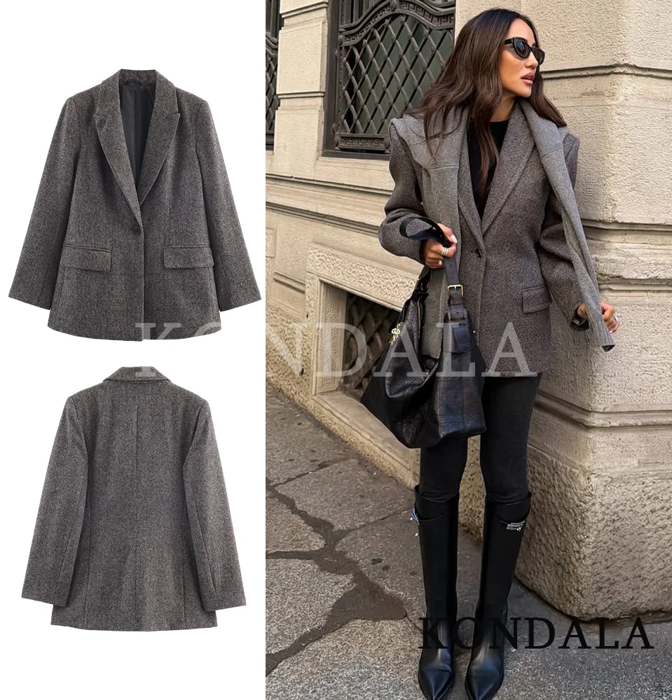 เสื้อเบลเซอร์ผสมผสานสำหรับฤดูใบไม้ร่วงและฤดูหนาว แบรนด์ KONDALA สีเทา กระดุมเดี่ยว สำหรับผู้หญิง แฟชั่นปี 2025 สไตล์หรูหรา เหมาะสำหรับใส่ทำงาน