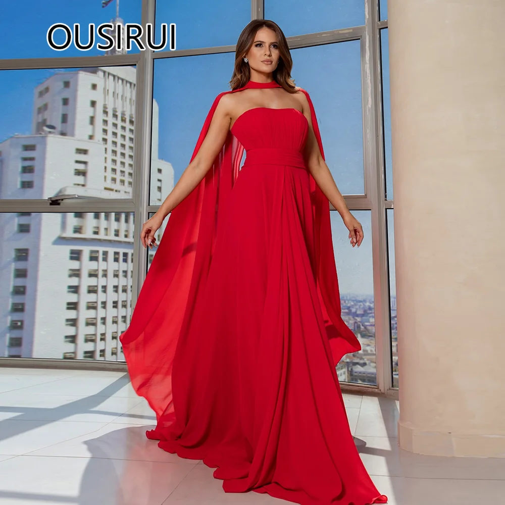 

Simple Women Boat Collar Chiffon A-line Sweep Trian Formal Prom Party Gown Backless Prom Cocktail Dress with Cape Customized