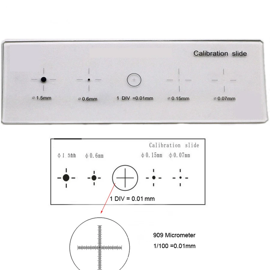 909 Dot Crosshair Vetrini per microscopio in vetro ottico Piastra multifunzione Reticolo Calibrazione accurata Diapositiva Micrometro da palco