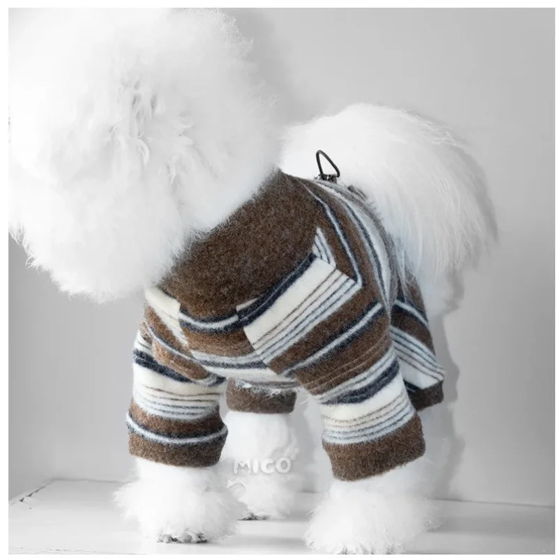 Autumn/Winter Pet Striped Inner with Schnauzer Teddy Four Legged Bottom Shirt Cute Cat Jumpsuit Puppy Clothes