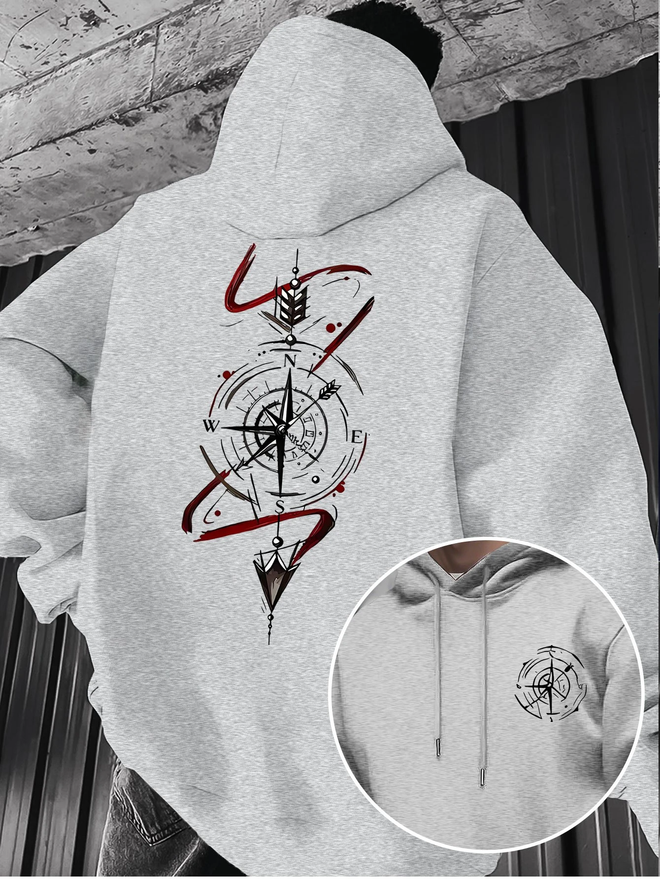 Vintage Compass Arrow Casual Print Hooded Sweatshirt for Men, Outdoor Niche Trend Pullover Long-Sleeve Hoodie
