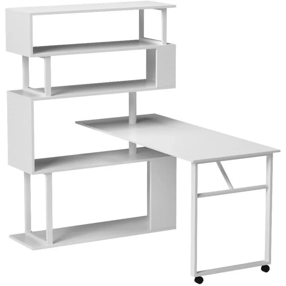 

Study Desk with 5 Shelves Bookshelf, Reversible Office Desks Writing Desks on Wheels, Study Desk