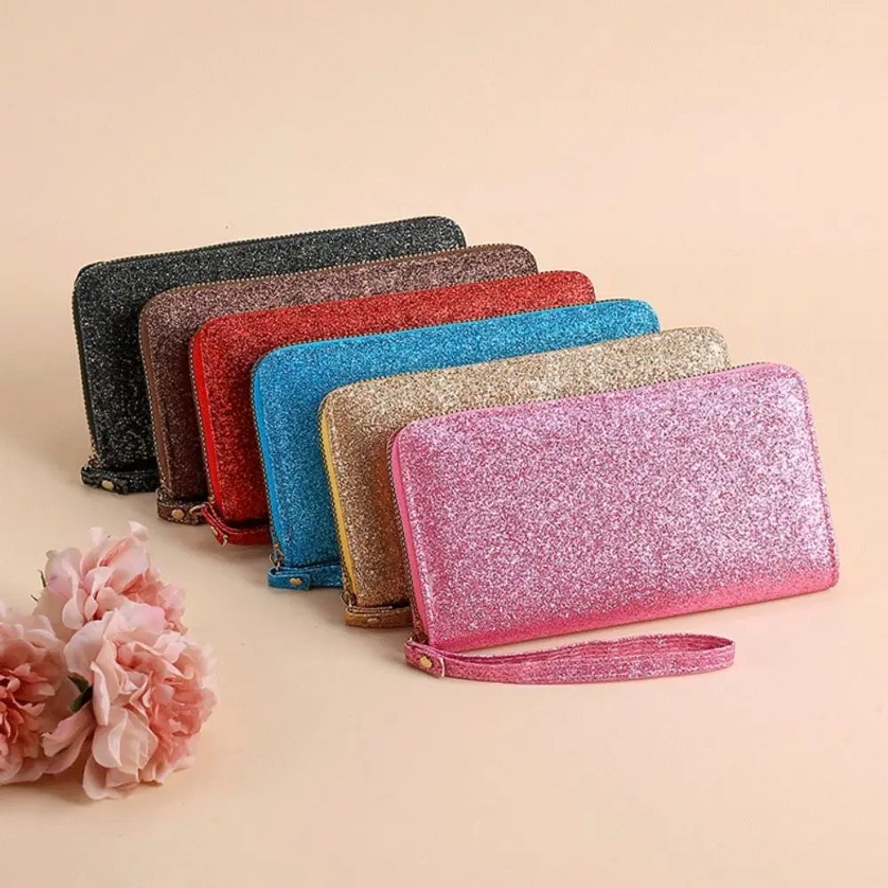 Fashion Shiny Finish Zipper Wallet Glitter Bead Multi-Card Slot Clutch Bag Trendy Style Glitter Handbag Gift