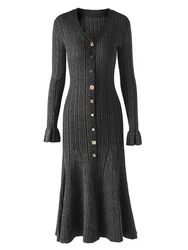 Autumn Winter Knitted Dress Women Elegant Single Breasted Slim Fishtail Dresses Ladies Sexy V-neck Bodycon Long Robe Vestidos