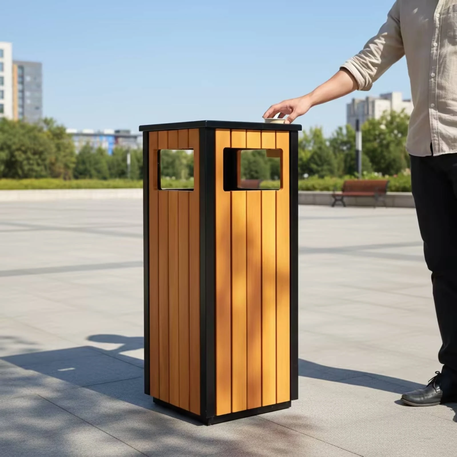 Slat Waste Bin with Inner Liner Steel Square Metal Frame Trash Can Outdoor Trash Bin Rigid Waste Receptacle Organizer Secure Fit