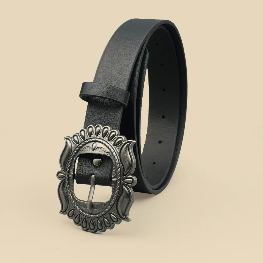 حزام نسائي عتيق منحوت باللون الأسود - صيفي متعدد الاستخدامات، مثالي للجينز والفساتين والبدلات والقمصان، هدية مثالية