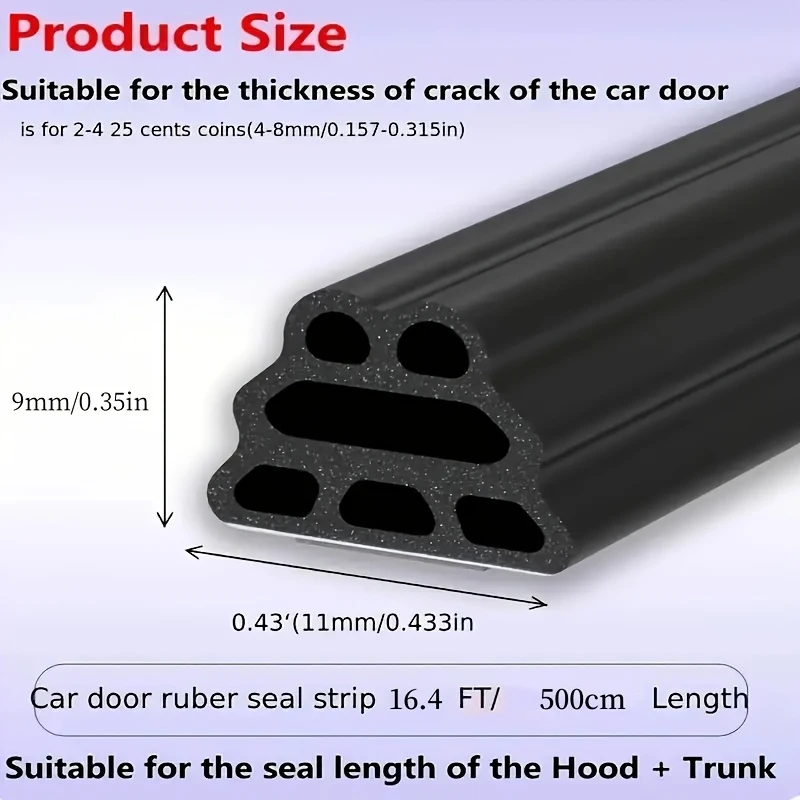 5M Self-Adhesive Synthetic Rubber Car Door Seal Strip Multi-Cavity Noise Reduction for Front Door Hood Trunk Xmas Halloween