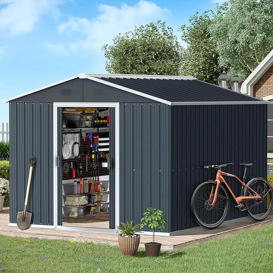 

10x8 FT Metal Outdoor Storage Sheds with Double Sliding Doors,Large Waterproof Tool Shed for Garden Patio, Backyard, Dark Grey