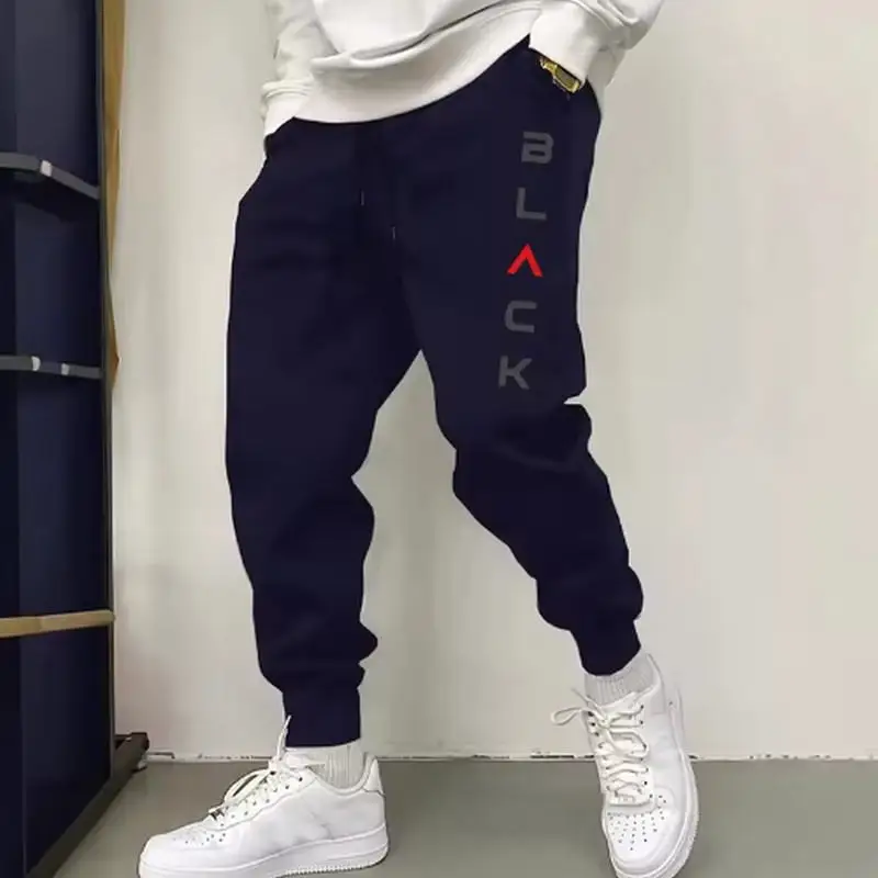 Autumn Winter Men Thick Warm Sweatpants Vertical Letter BLACK Graphic Joggers Elastic Waist Drawstring Casual Streetwear Trouser