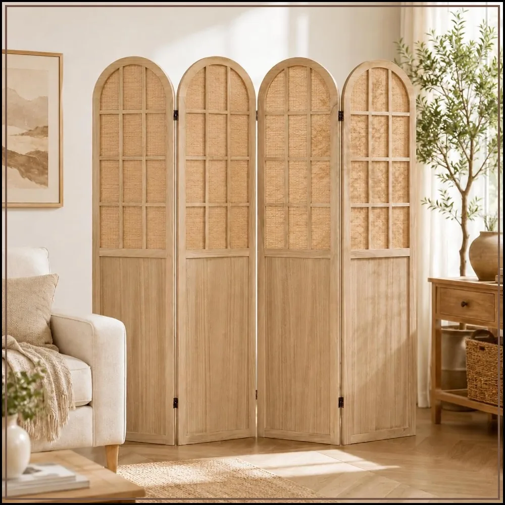 4 Panel Room Divider Privacy Screen Bamboo Wood Light Brown Folding Indoor