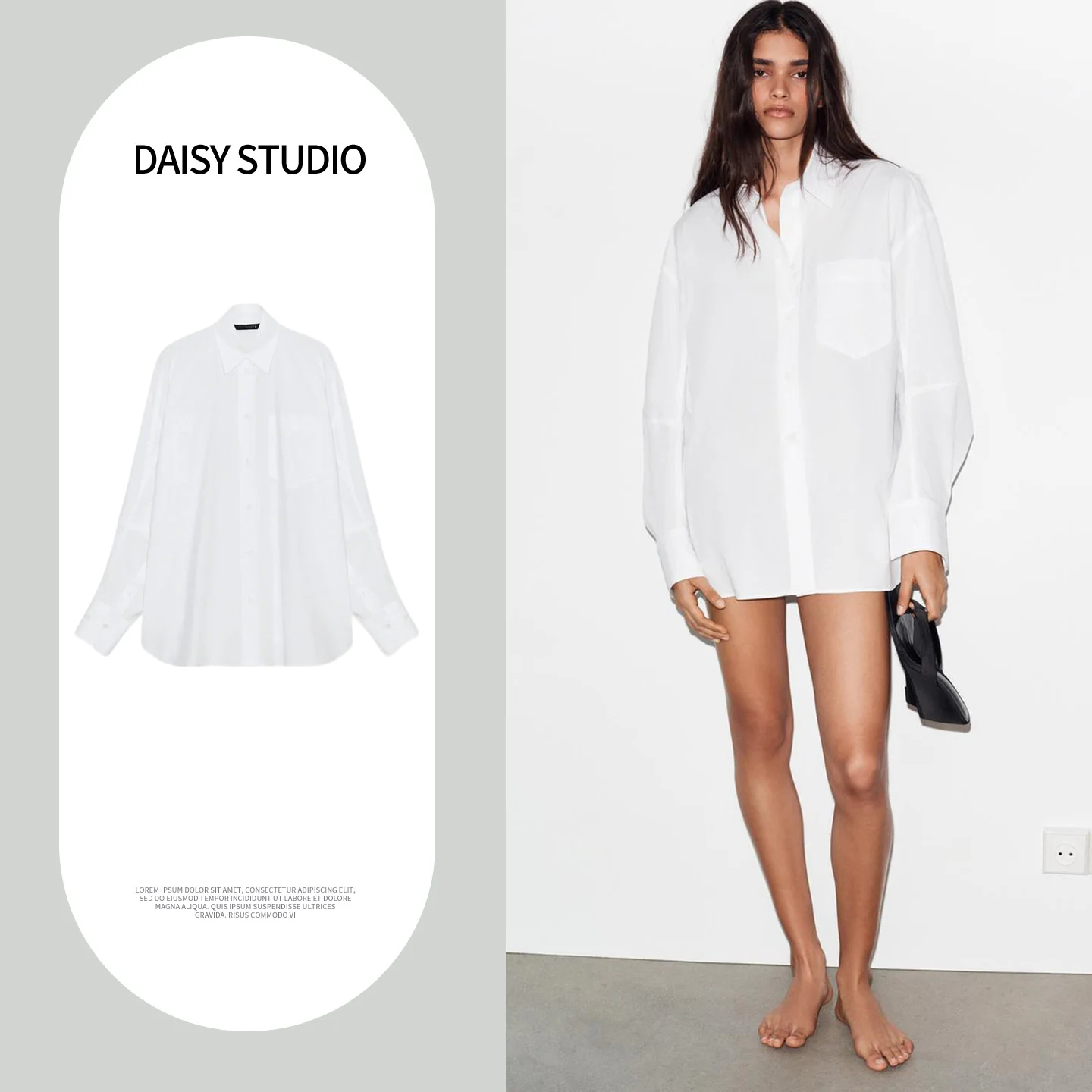 

Spring 2026 Women's Casual Style Loose Fit Shirt Asymmetrical Hem Single Row Multiple Buttons Long Sleeve Turn-down Collar