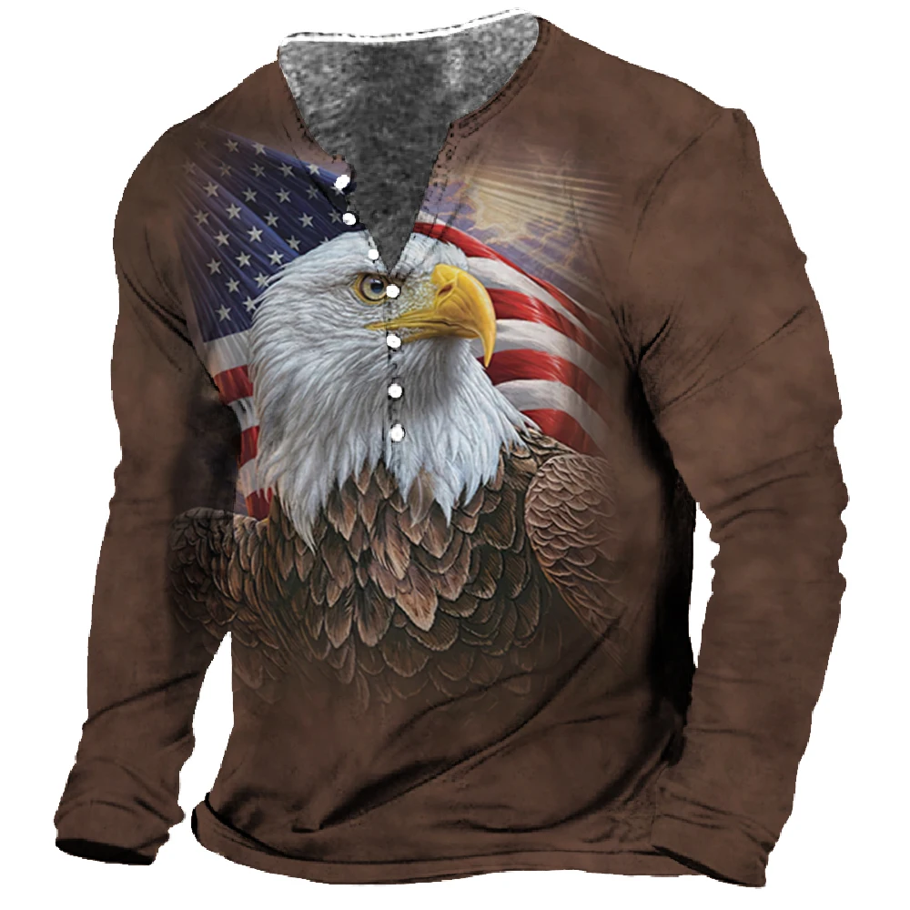 Men T-Shirt Henley Vintage Eagle Motorcycle Print Long Sleeve Daily Top Harajuku Streetwear Tee Men Seven Button Tshirt Pullover