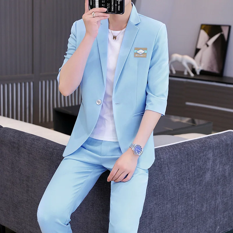 

2024 summer Korean slim short sleeve small suit thin casual men British seven-point sleeve mid-sleeve suit suit men