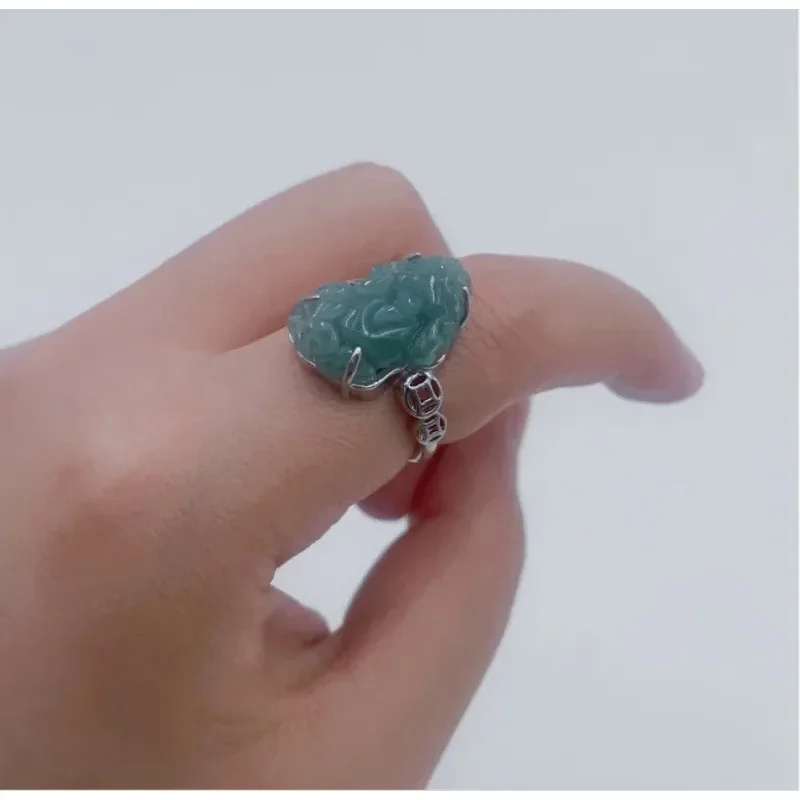 925 Silver Inlay Burmese Emerald Jade Blue Water Pixiu Earring Ring Beads Natural Green Adjustable Women Jewelry Customized