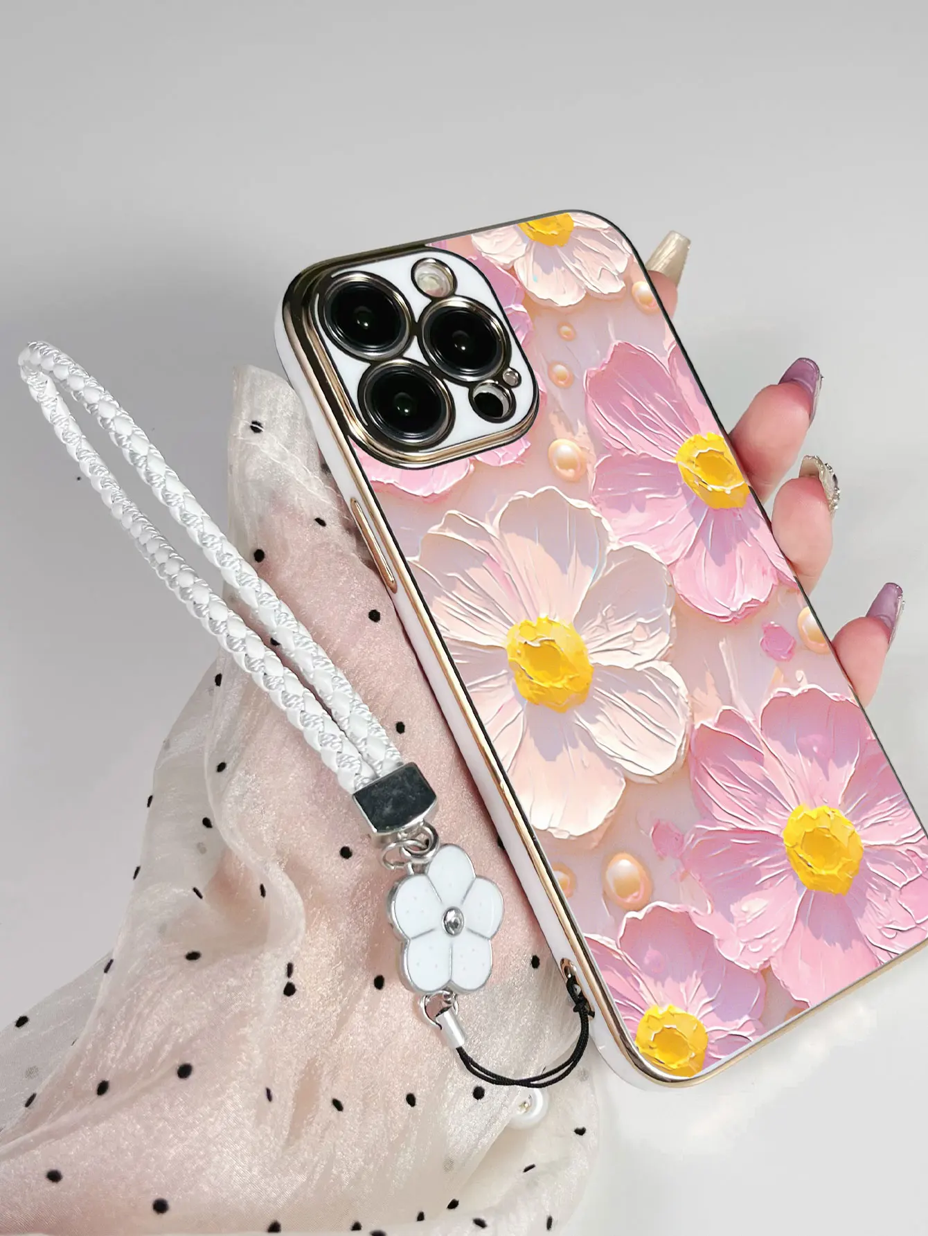 Luxury Plating Flowers Butterfly Pattern Lanyard Painted Phone Case For iPhone 17 14 13 Pro Max 16 15 Plus Protective Back Cover