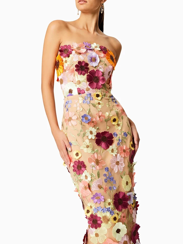 VGH Patchwork Appliques Colorblock Elegant Dresses For Women Strapless Sleeveless High Waist Backless Temperament Dress Female