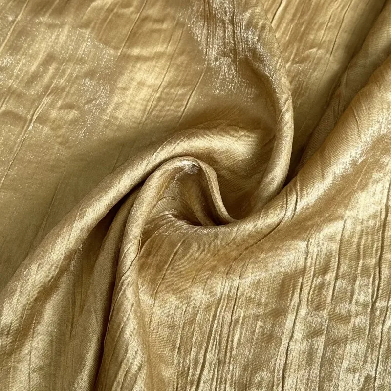 NO70 2023 New Glossy Dark Gold Vertical Grain Irregular Fold Texture Tencel Cotton Silk Hemp Fabric for Women's Skirt Clothings