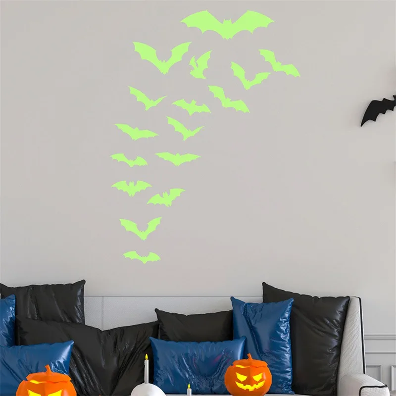 Funny Bat Fluorescence Wall Decal Cartoon PVC Halloween Luminous Stickers Waterproof Cute Night Glow Bat Decal