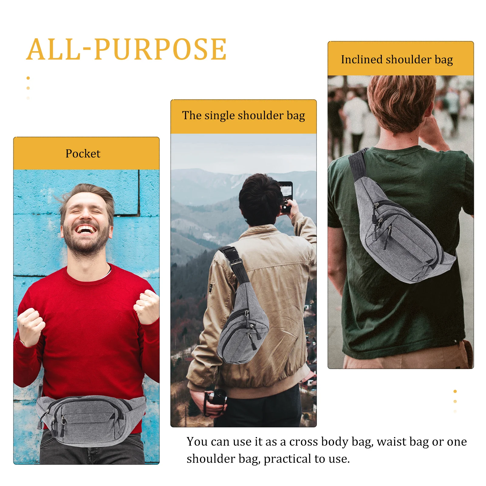 

Men's Oxford Cloth Waist Bag Grey Portable Cross Body Fanny Pack Adjustable Lightweight Waterproof Sports Casual Travel Business