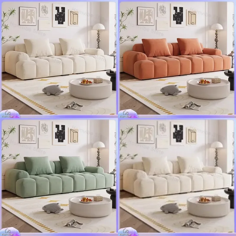 Cream Cloud Puff Sofa Fabric Living Room Furniture Small Apartment Straight Row Couch Simple Rental House Cat Scratch