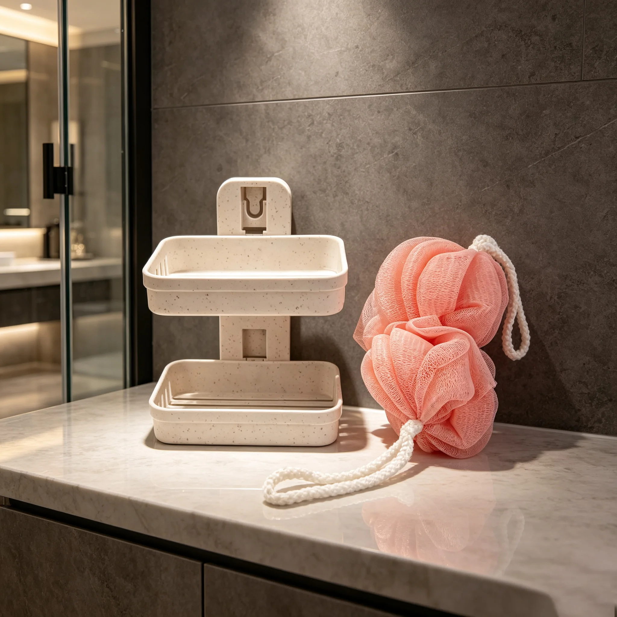 Double‑Layer Wall Mounted Soap Dish Set with Shower Loofah Bath Ball Hanging Bathroom Storage Organizer Accessories