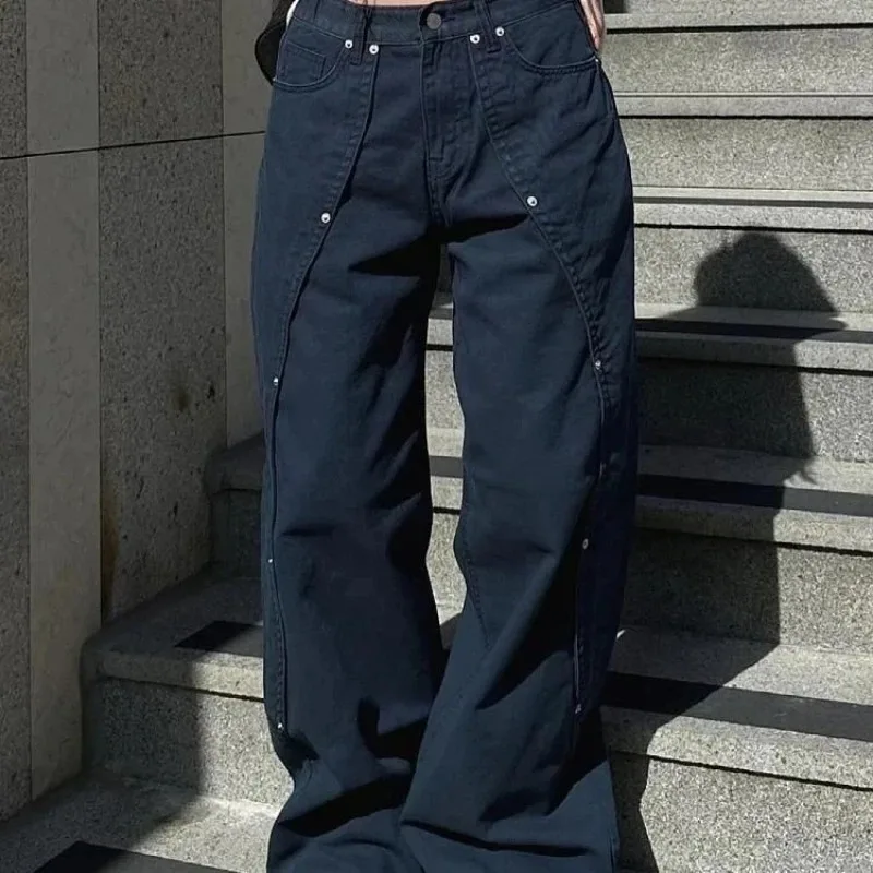 

Jeans for Woman Y2k Clothes Relaxed Loose Fit Wide Leg Trousers Vintage American Retro Style with Rivet Patchwork Split Design