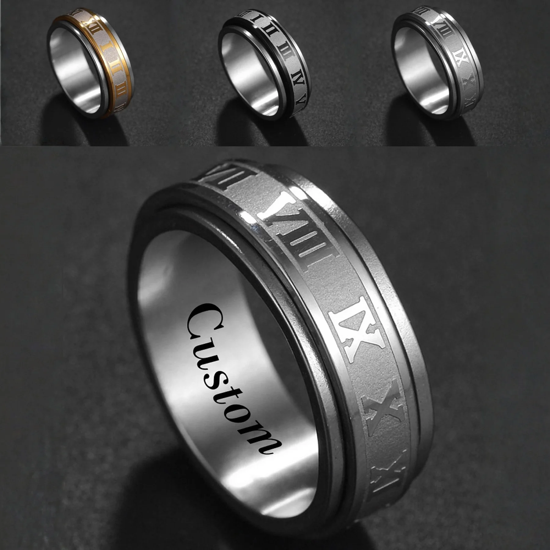 Engrave Jewelry Spinning Anxiety Relaxing Ring for Men Women Roman Numeral Stainless Steel Rotate Freely Fidget Spinner Rings