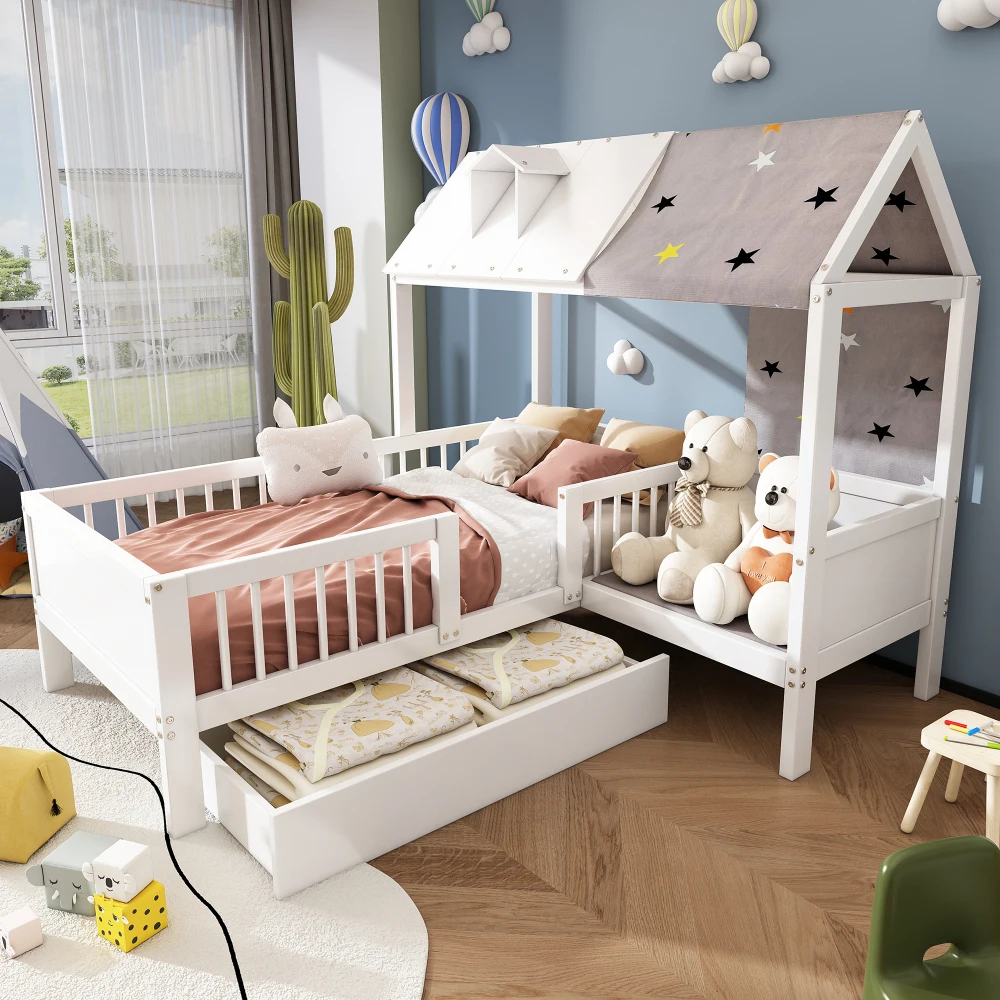 90*200cm House-shaped Wooden Children's Bed, Single Bed, Multifunctional, with Canvas & Cushions, Drawers At The Bottom,