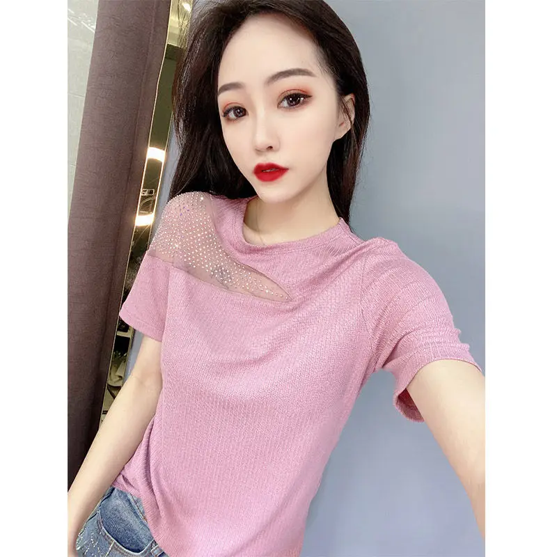 Hot drilling Short T-shirt 2025 New Summer Women Sexy Lace Dew Shoulder Short Sleeves T Shirt Female Fashion O-Neck  Tee Top