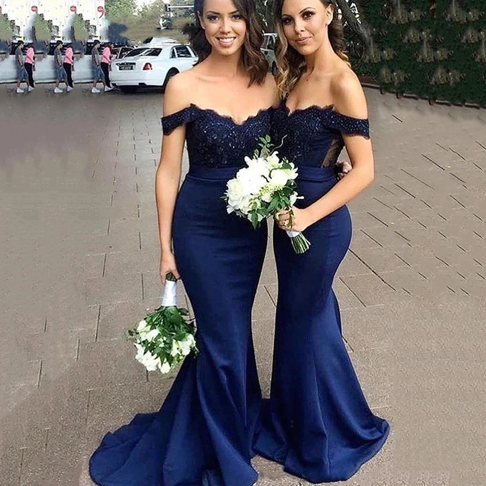 

Iridescent Royal Blue Off The Shoulder Bridesmaid Dresses Sweetheart Long Backless Vestido De Noite Satin Wedding Formal Gowns