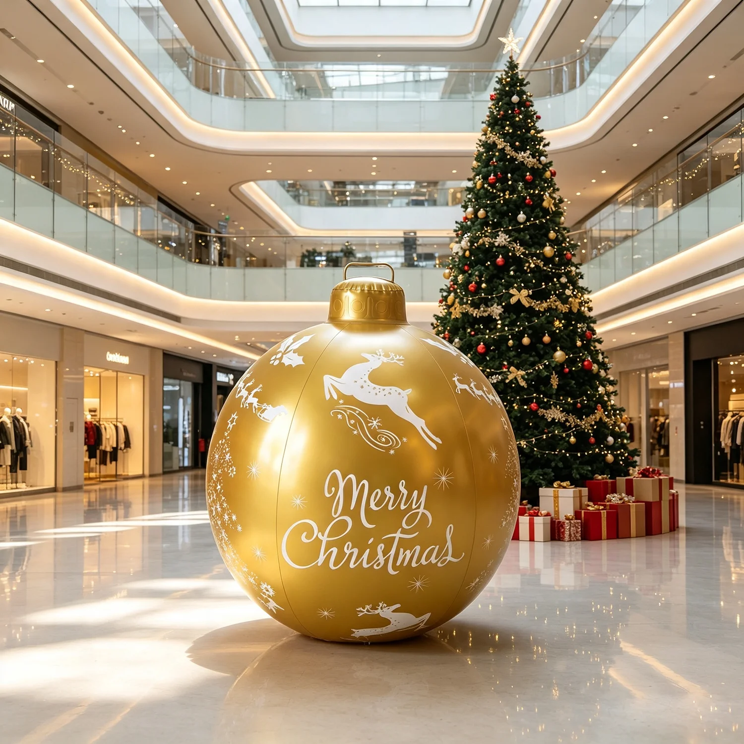 60cm Giant Inflatable Christmas Decoration Balls, Gold Reindeer Merry Christmas Print, Pvc Christmas Ball Ornaments, Suitable for Indoor and Outdoor Holiday Party Decorations