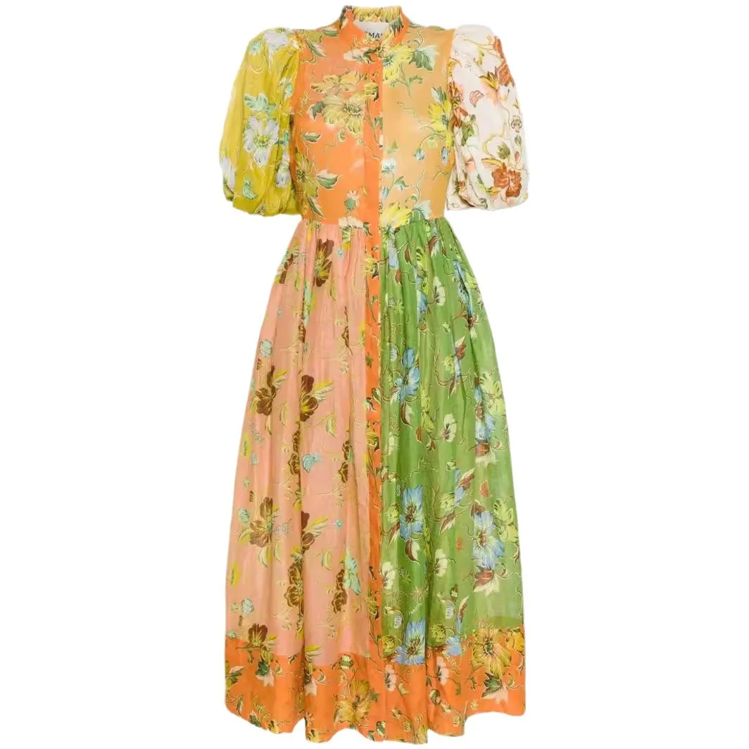 طباعة س الرقبة عالية الخصر فساتين طويلة للمرأة عطلة الشاطئ الكتان س الرقبة قصيرة الأكمام ألف خط فستان ماكسي Partyclub #5