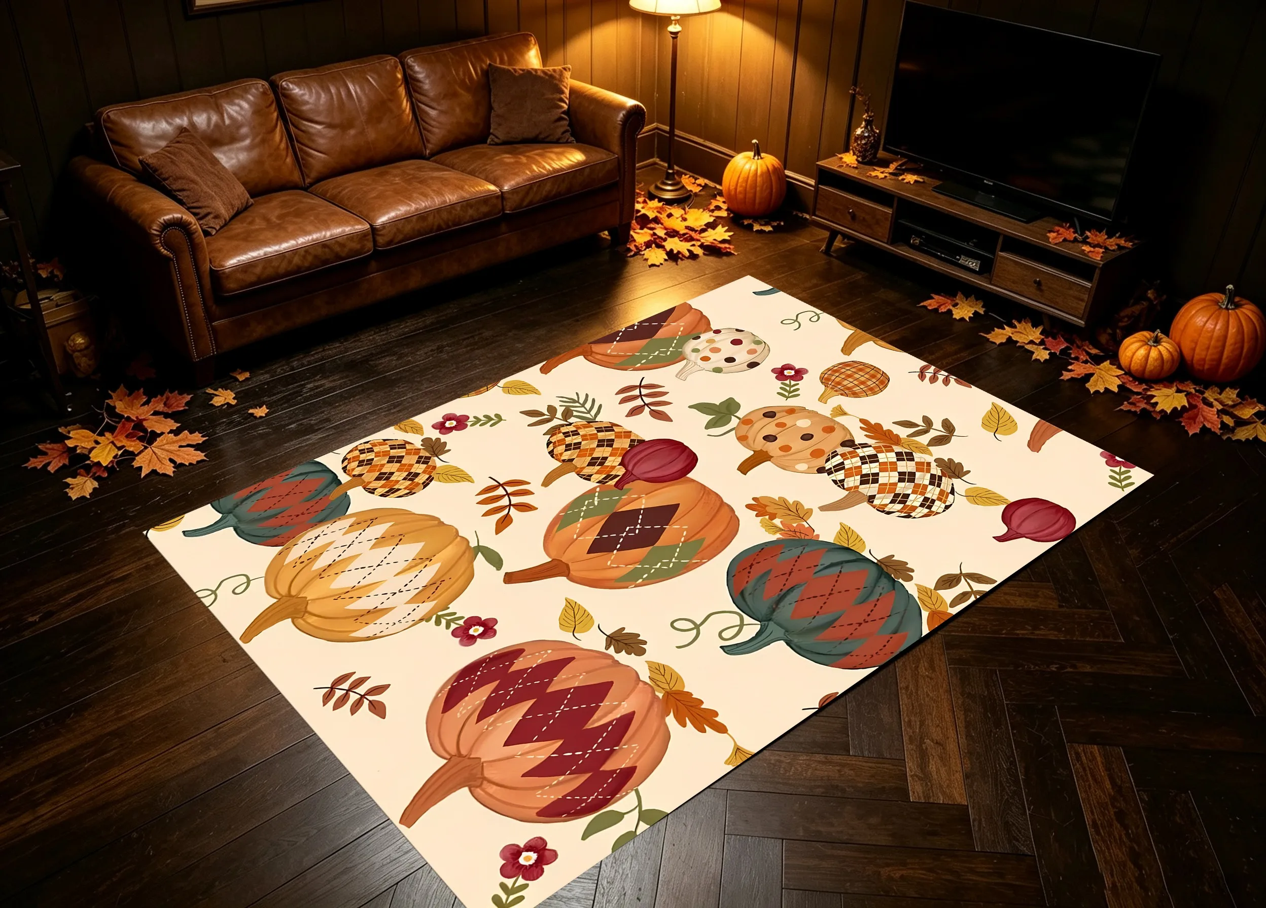 American Retro Style Colorful Pumpkin and Leaf Print Velvet Rug, Suitable for Thanksgiving, Universally Applicable to Living Room, Entryway, and Bedroom, Creating a Warm and Comforting Autumn Home Atmosphere
