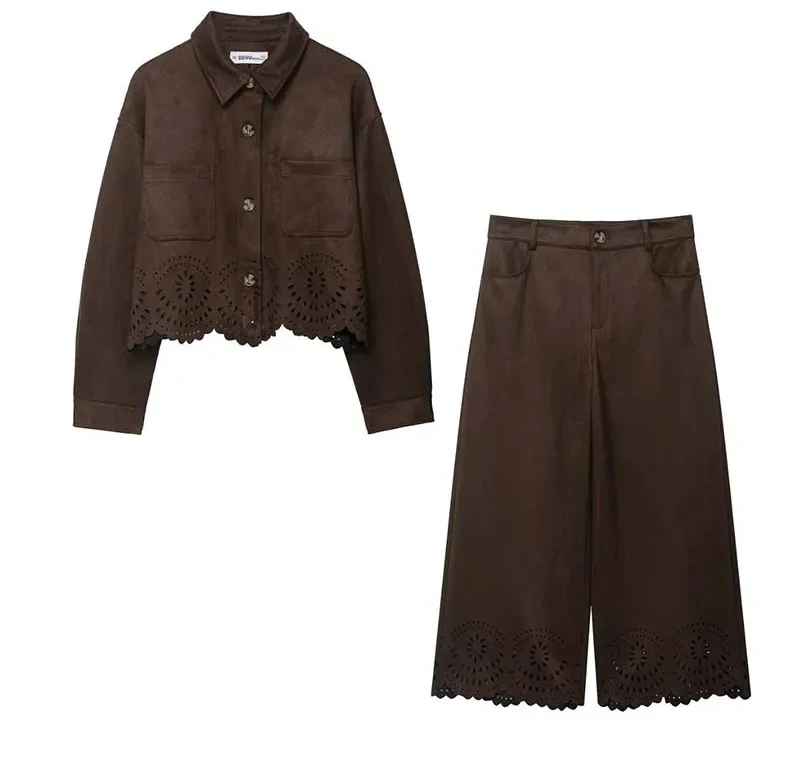 

Женские замшевые комплекты брюк из двух предметов, новая мода, женский костюм с вырезами, шикарные повседневные женские наряды