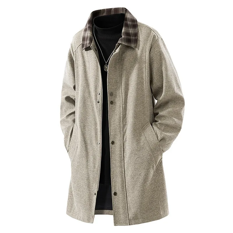 Spring Autumn Men Trench Coat British Style Plaid Patchwork Turn Down Collar Male Jacket Mid-length Long Sleeve Man Windbreaker