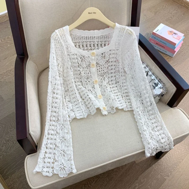 REALEFT Summer Lace Crochet Women\'s White Cardigan 2024 New Hollow Out Beach Bohemian Long Sleeve Short Tops Shirt Female