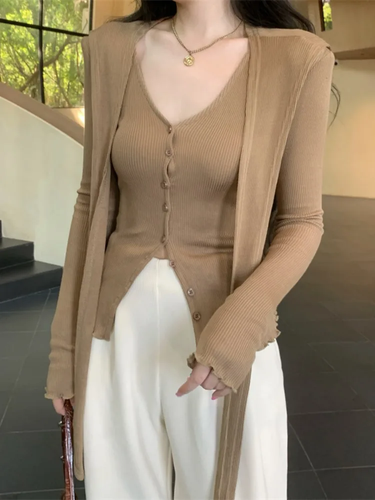 

Early Autumn Korean Style Loose Long Sleeve Knitted Open Cardigan Women's Top Fashionable Two-Piece Set with Shawl Breathable