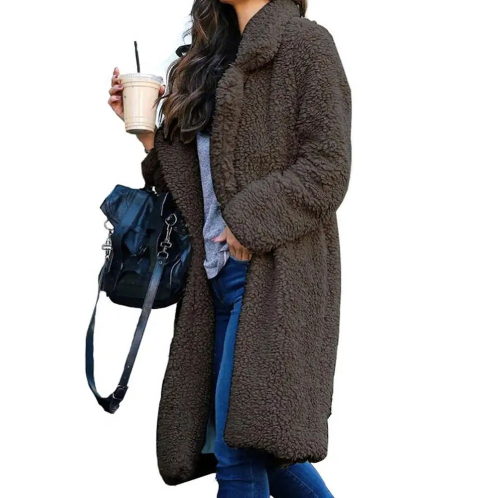 Women Winter Thicken Plush Lapel Solid Color Long Sleeve Warm Cardigan Midi Coat Winter Keeep Warm Overcoat Plush Woolen Jacket