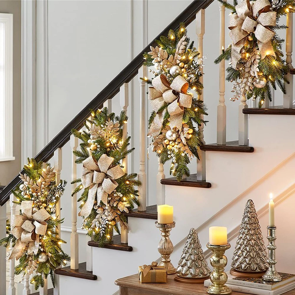 Christmas Wreath Staircase Decor Christmas Ornament with LED Light Home Door Window Wreath Hanging Stair Garland Wall Decoration