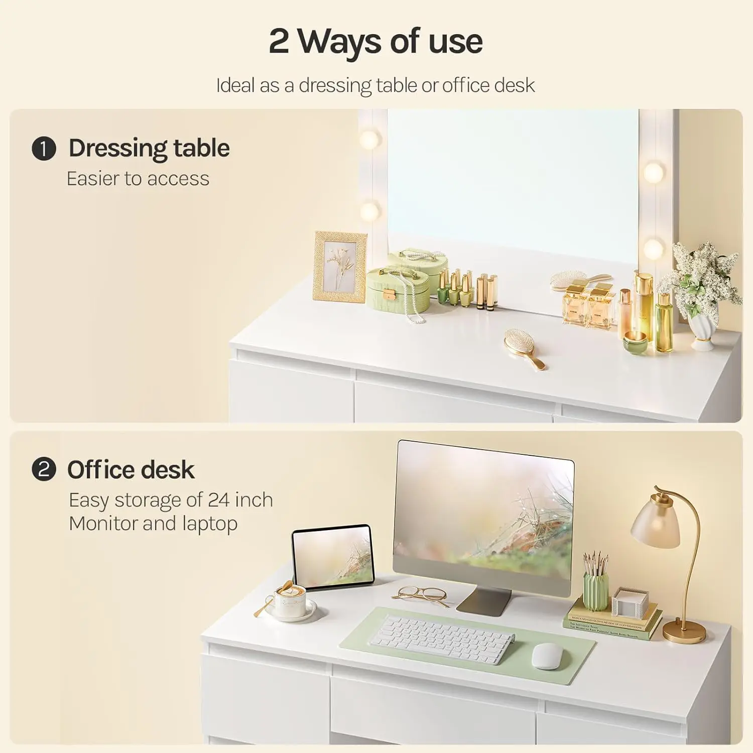 طاولة تزيين WOLTU مع مكتب مكياج بإضاءة LED قابل للتعديل مع 7 أدراج وطاولة زينة بمرآة كبيرة وخزانة غرفة النوم الحديثة