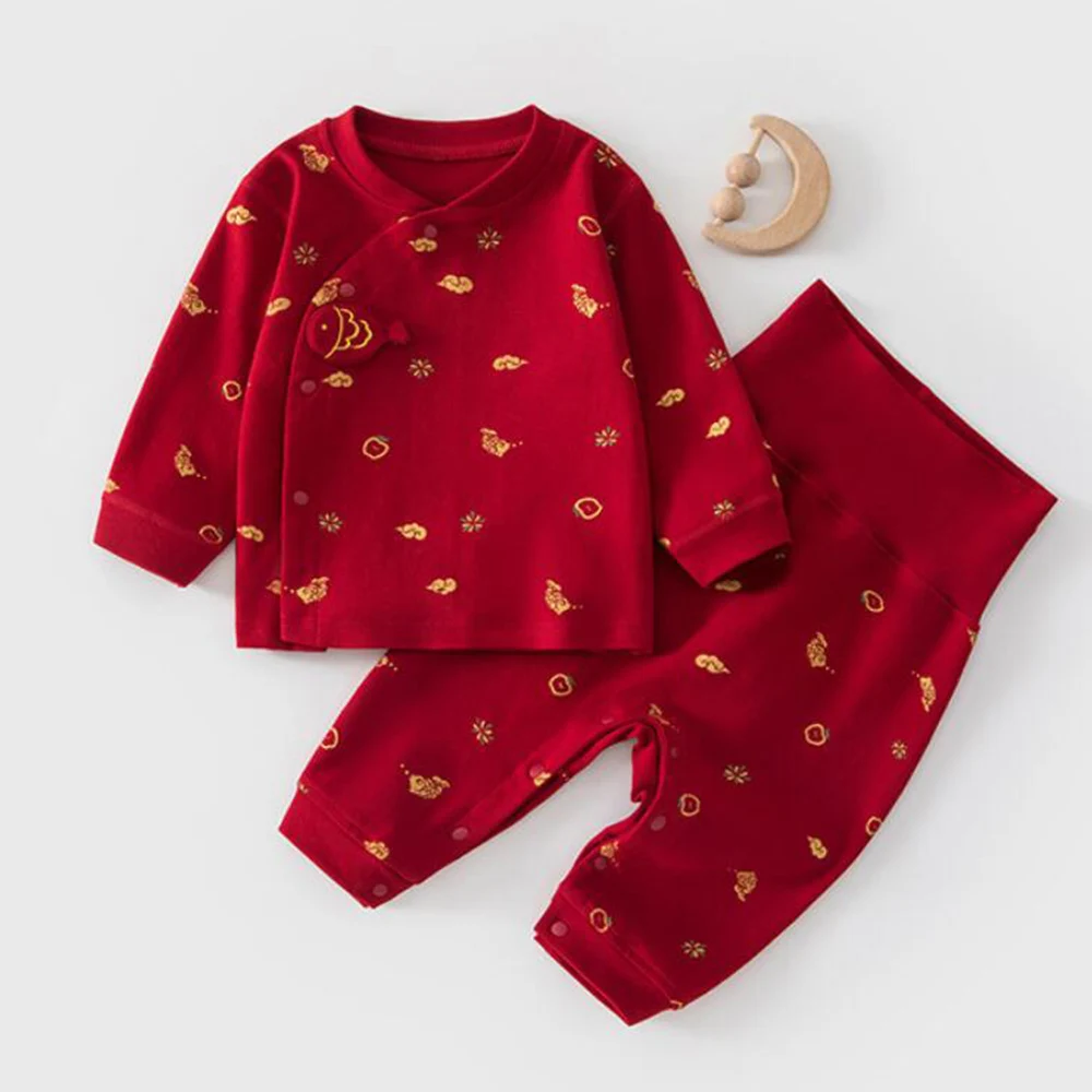 ملابس أطفال للعام الصيني الجديد، قطن ممشط، أكمام طويلة، بنطلون، طقم من قطعتين، للربيع والخريف، ملابس أطفال للجنسين، للأولاد والبنات