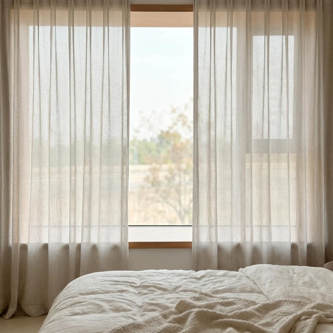 Japanese vertical lattice textured linen curtains with thin and hard strips and hollow woven window screens