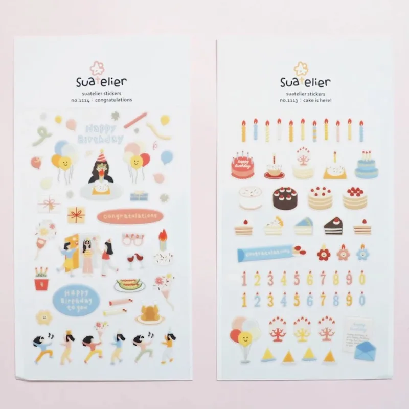 Suatelier Birthday Themed Stickers for Card Making Junk Journal Decor Scrapbooking - Hobby Decorative HBD Cake Candle Party Stic