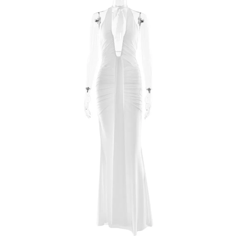 2025 New Deep V Neck Backless Ruched Sexy Maxi Dress Women Gown Summer Halter Sleeveless Draped Club Party Long Dress  Slim