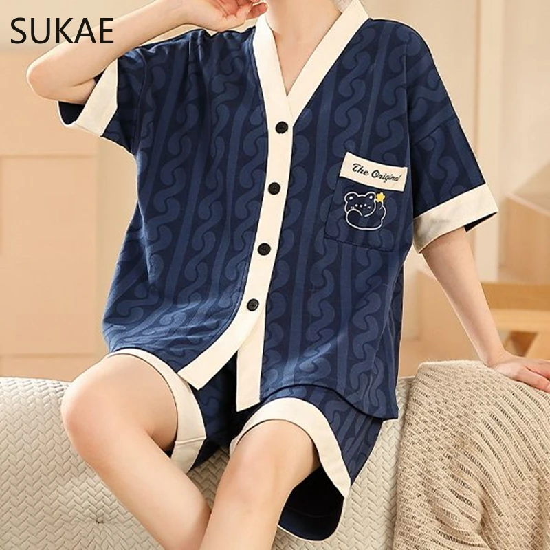 SUKAE M-5XL Summer Women Sleepwear Casual Cotton Woman\'s Pajama Set Kimono Style Cardigan Nightwear Leisure Girl Kawaii Clothes