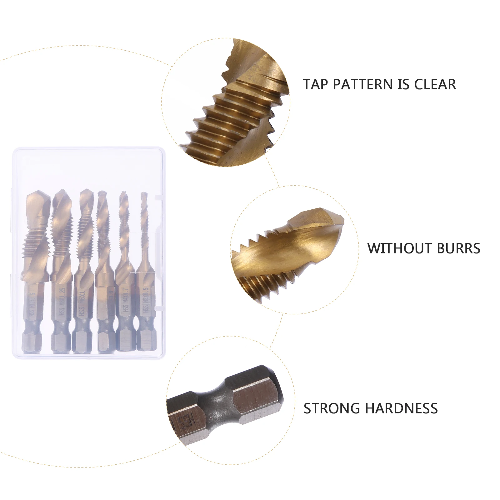 

6pcs Drill Tap Bit Set Titanium Coated Steel Spiral Tap Bits For Hand Use Maintenance Repair Tools Lightweight Storage Case High