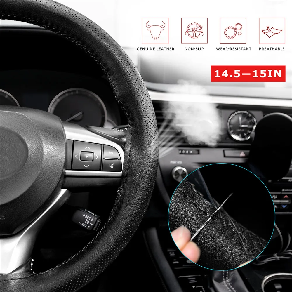 3 Colors DIY Sew Genuine Leather Car Steering Wheel Cover Punched Anti-slip Breathable 38cm 15inch for Lada Kia Hyundai Toyota